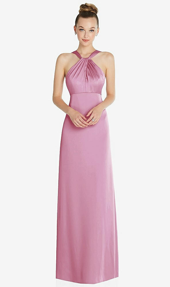 Front View - Powder Pink Draped Twist Halter Low-Back Satin Empire Dress