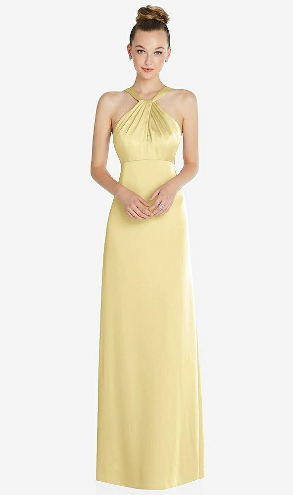 Front View - Pale Yellow Draped Twist Halter Low-Back Satin Empire Dress