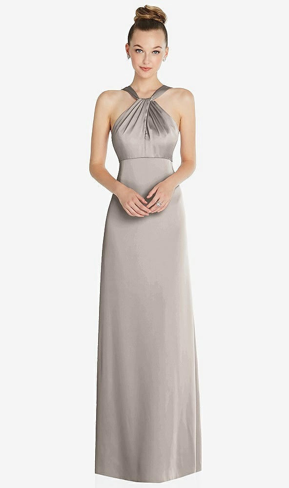 Front View - Taupe Draped Twist Halter Low-Back Satin Empire Dress