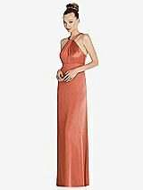 Side View Thumbnail - Terracotta Copper Draped Twist Halter Low-Back Satin Empire Dress