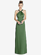 Front View Thumbnail - Vineyard Green Draped Twist Halter Low-Back Satin Empire Dress