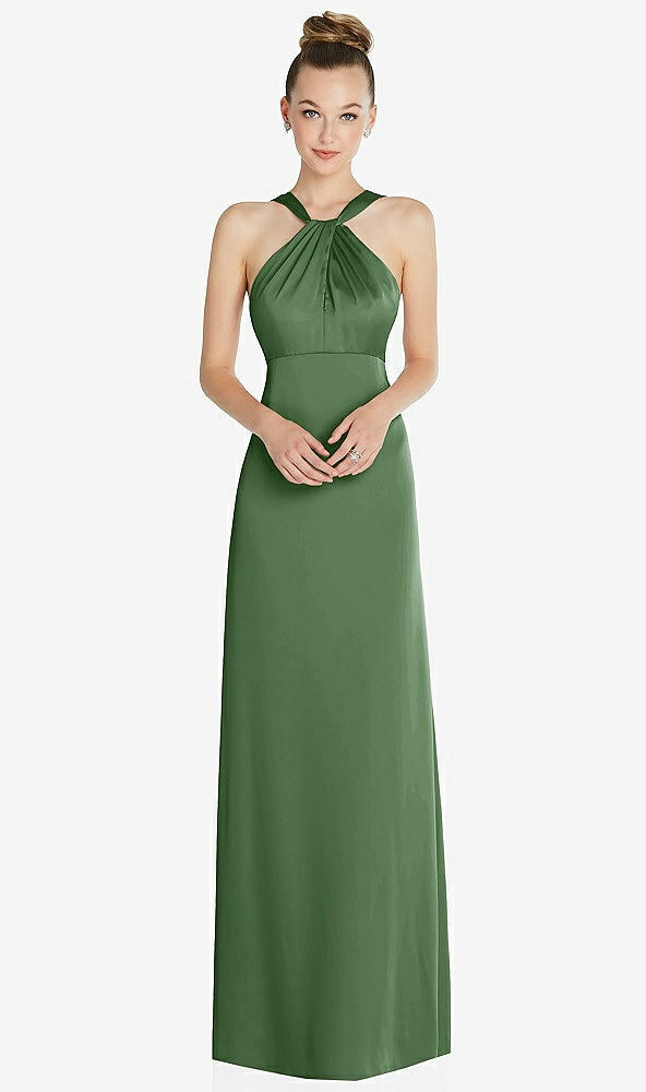 Front View - Vineyard Green Draped Twist Halter Low-Back Satin Empire Dress