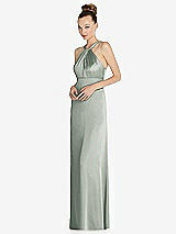 Side View Thumbnail - Willow Green Draped Twist Halter Low-Back Satin Empire Dress