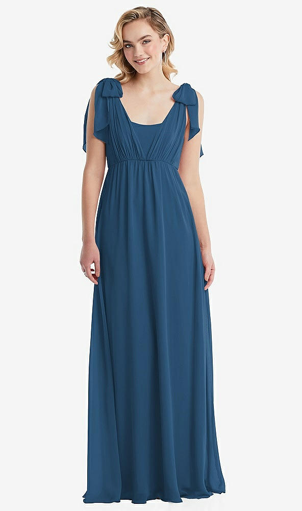Front View - Dusk Blue Empire Waist Shirred Skirt Convertible Sash Tie Maxi Dress