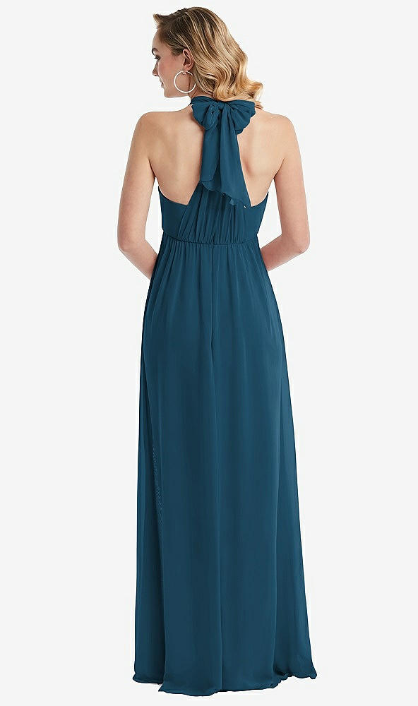 Back View - Atlantic Blue Empire Waist Shirred Skirt Convertible Sash Tie Maxi Dress