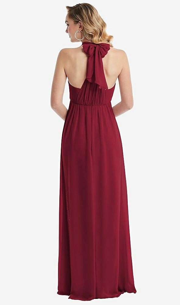 Back View - Burgundy Empire Waist Shirred Skirt Convertible Sash Tie Maxi Dress