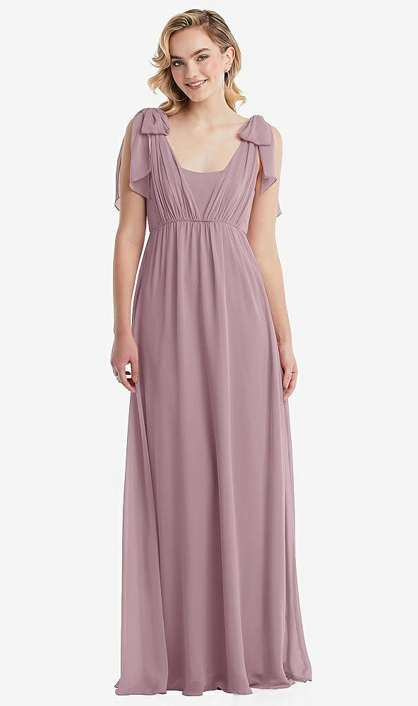 Front View - Dusty Rose Empire Waist Shirred Skirt Convertible Sash Tie Maxi Dress