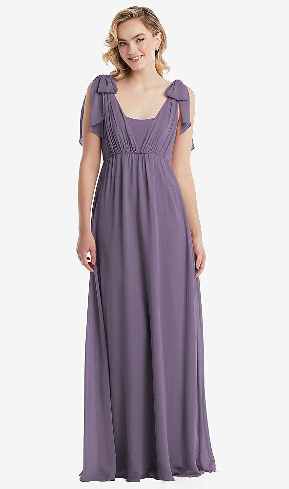 Front View - Lavender Empire Waist Shirred Skirt Convertible Sash Tie Maxi Dress