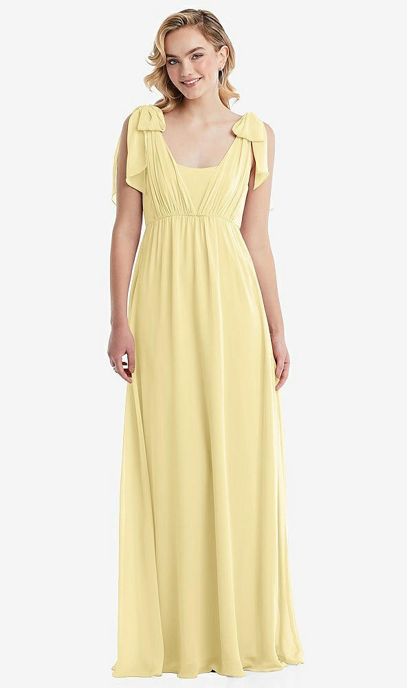 Front View - Pale Yellow Empire Waist Shirred Skirt Convertible Sash Tie Maxi Dress