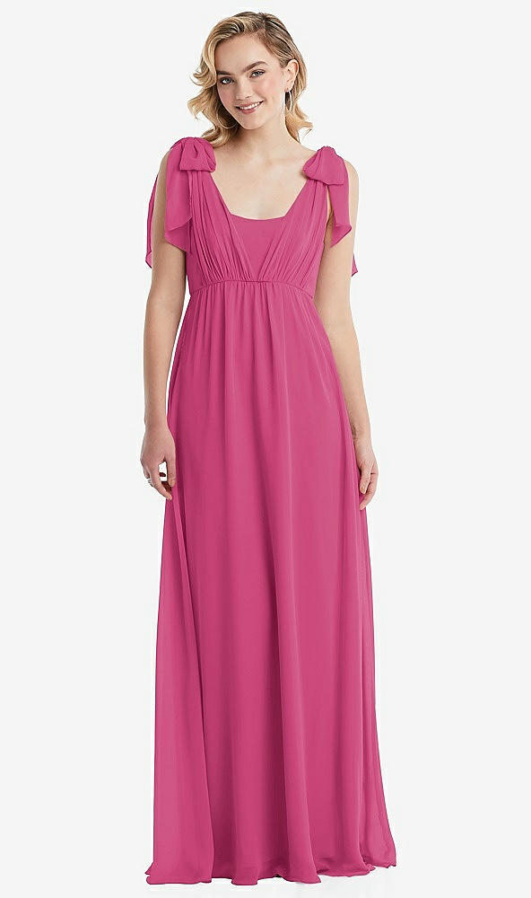 Front View - Tea Rose Empire Waist Shirred Skirt Convertible Sash Tie Maxi Dress