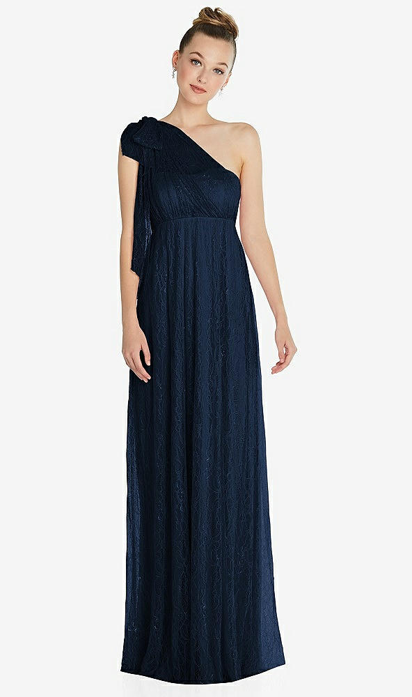 Front View - Midnight Navy Empire Waist Convertible Sash Tie Lace Maxi Dress