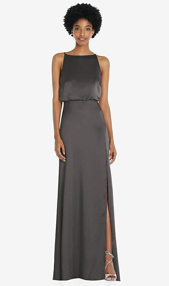 Back View - Caviar Gray High-Neck Low Tie-Back Maxi Dress with Adjustable Straps