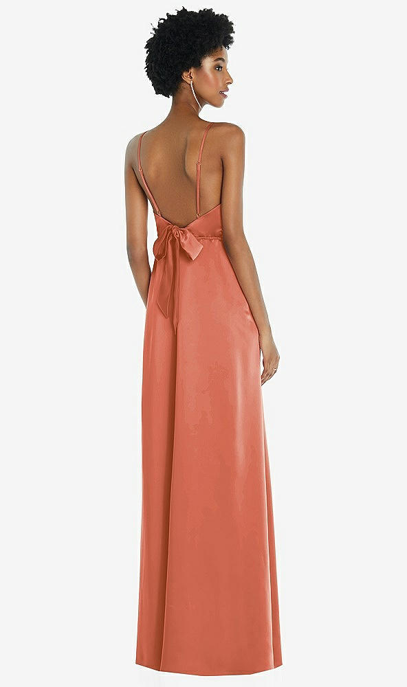 Front View - Terracotta Copper High-Neck Low Tie-Back Maxi Dress with Adjustable Straps