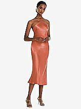 Front View Thumbnail - Terracotta Copper Diamond Halter Bias Midi Slip Dress with Convertible Straps