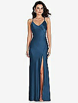 Front View Thumbnail - Dusk Blue V-Neck Convertible Strap Bias Slip Dress with Front Slit