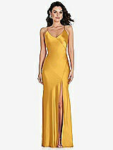 Front View Thumbnail - NYC Yellow V-Neck Convertible Strap Bias Slip Dress with Front Slit