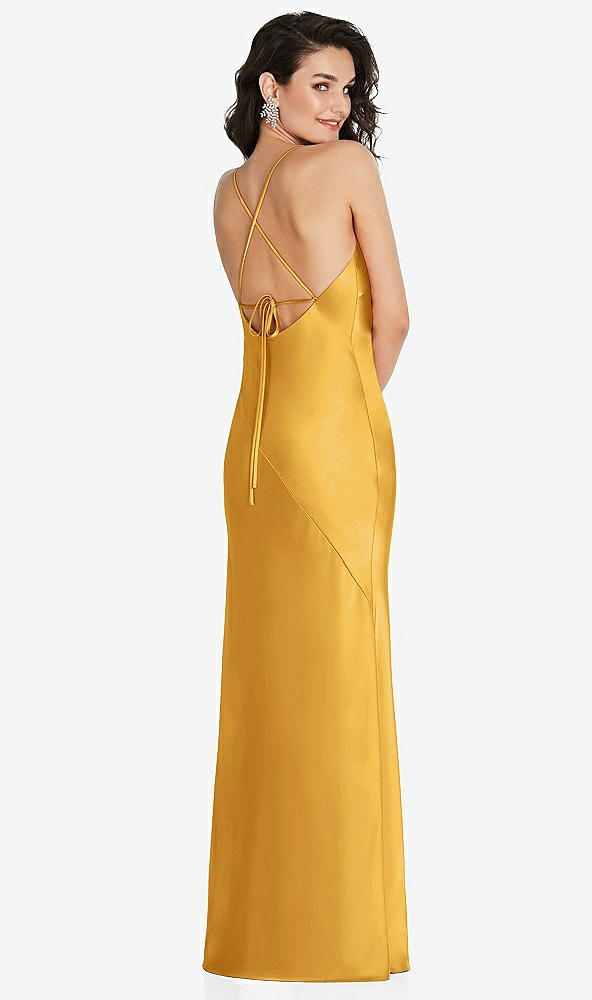 Back View - NYC Yellow V-Neck Convertible Strap Bias Slip Dress with Front Slit