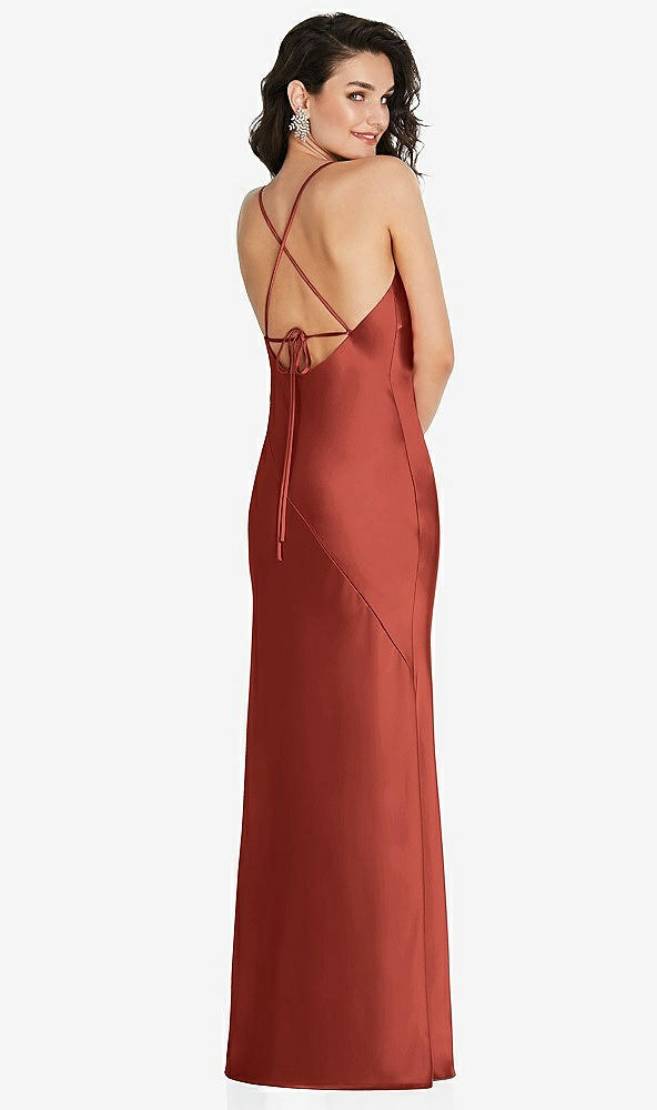 Back View - Amber Sunset V-Neck Convertible Strap Bias Slip Dress with Front Slit