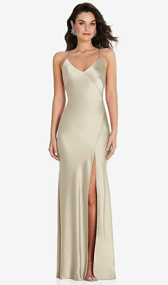 Front View - Champagne V-Neck Convertible Strap Bias Slip Dress with Front Slit