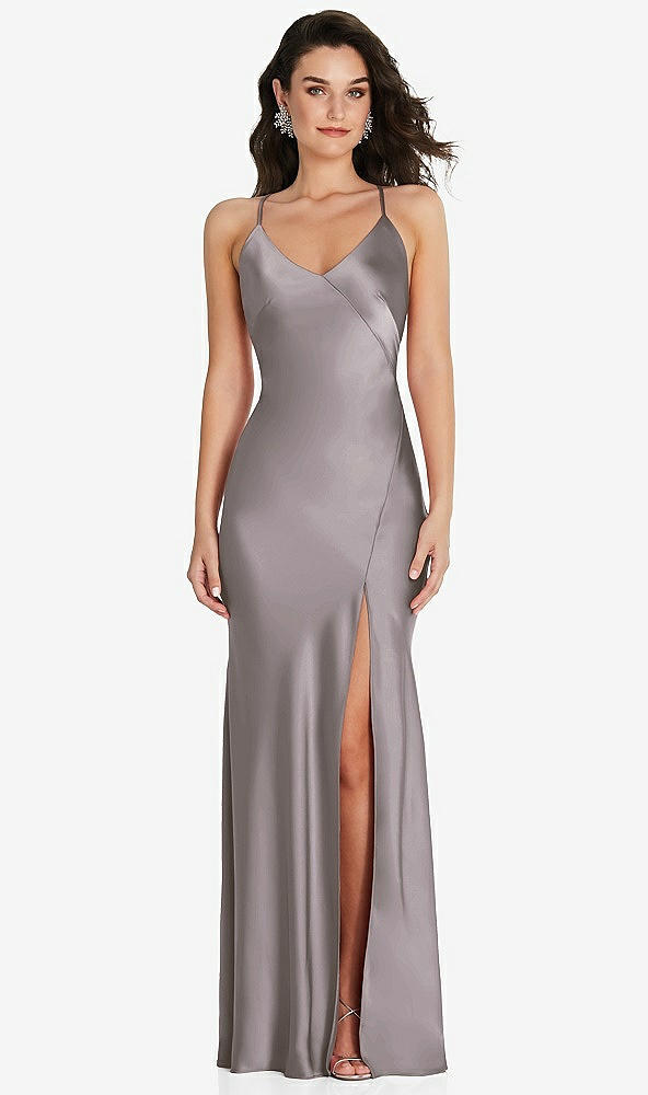Front View - Cashmere Gray V-Neck Convertible Strap Bias Slip Dress with Front Slit