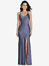 Front View Thumbnail - French Blue V-Neck Convertible Strap Bias Slip Dress with Front Slit