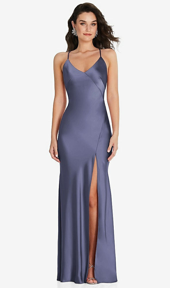 Front View - French Blue V-Neck Convertible Strap Bias Slip Dress with Front Slit