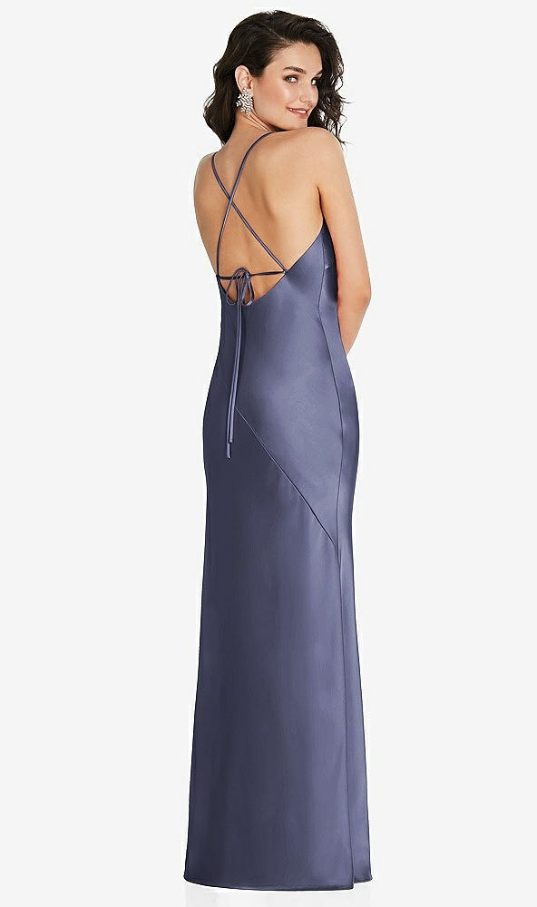 Back View - French Blue V-Neck Convertible Strap Bias Slip Dress with Front Slit