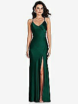 Front View Thumbnail - Hunter Green V-Neck Convertible Strap Bias Slip Dress with Front Slit