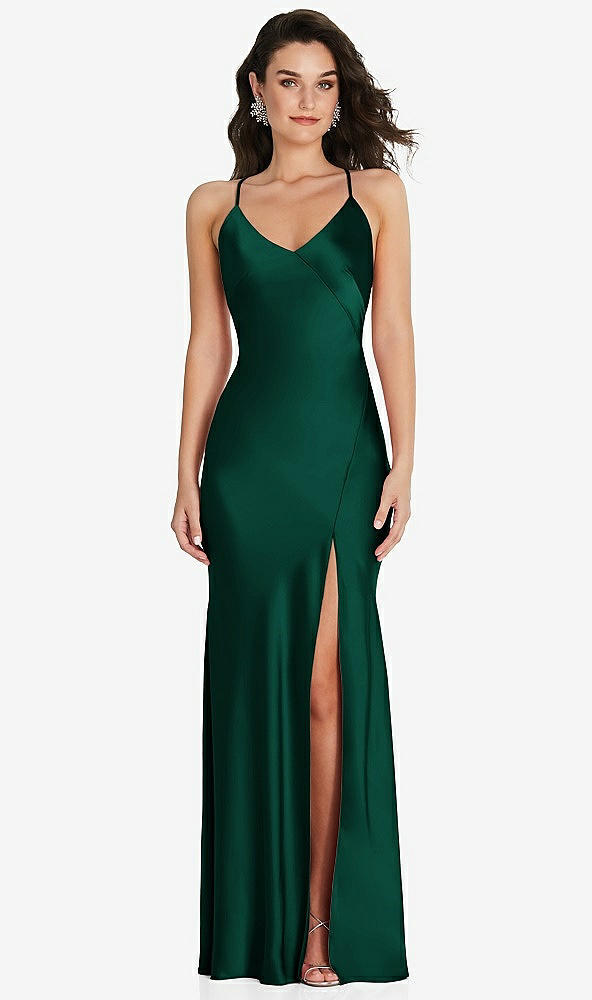 Front View - Hunter Green V-Neck Convertible Strap Bias Slip Dress with Front Slit