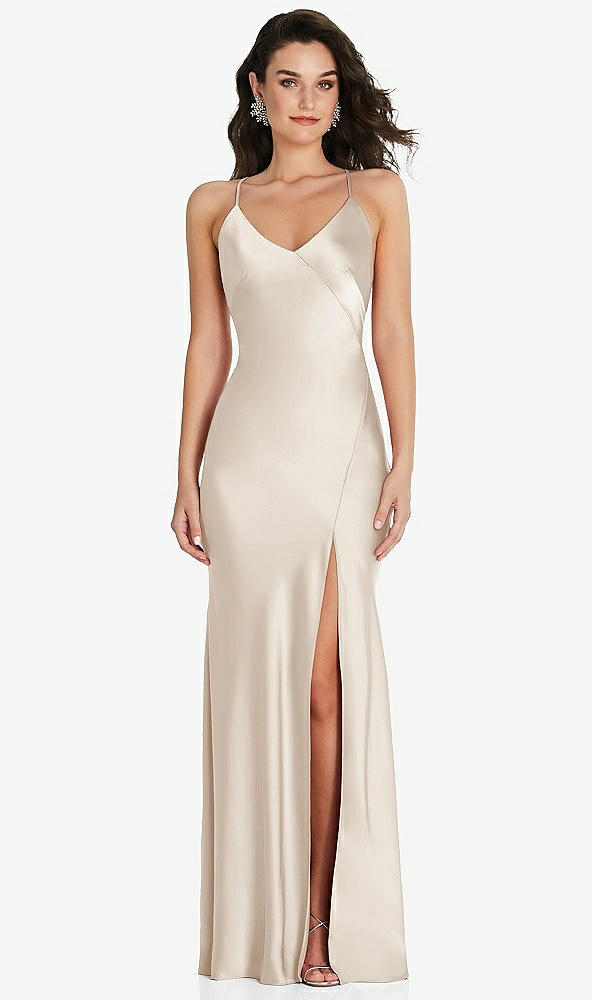 Front View - Oat V-Neck Convertible Strap Bias Slip Dress with Front Slit