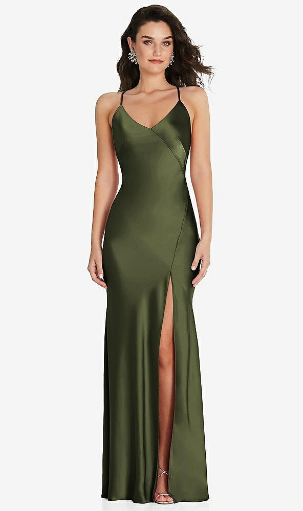 Front View - Olive Green V-Neck Convertible Strap Bias Slip Dress with Front Slit