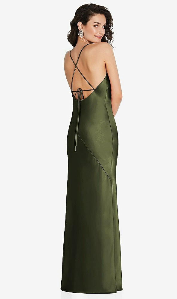 Back View - Olive Green V-Neck Convertible Strap Bias Slip Dress with Front Slit