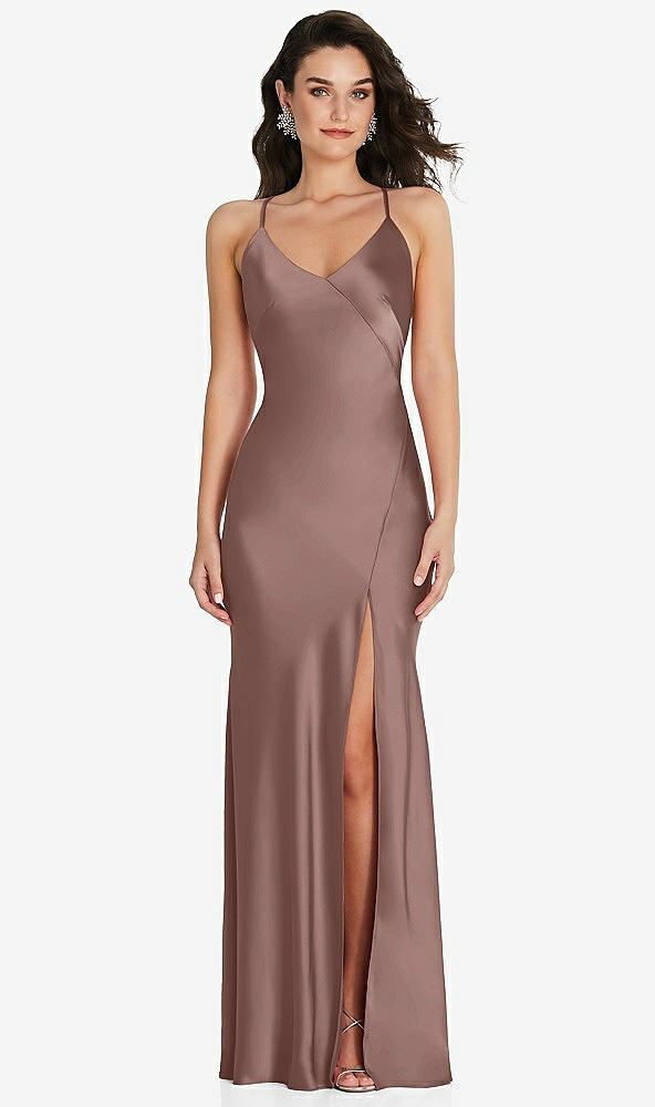 Front View - Sienna V-Neck Convertible Strap Bias Slip Dress with Front Slit