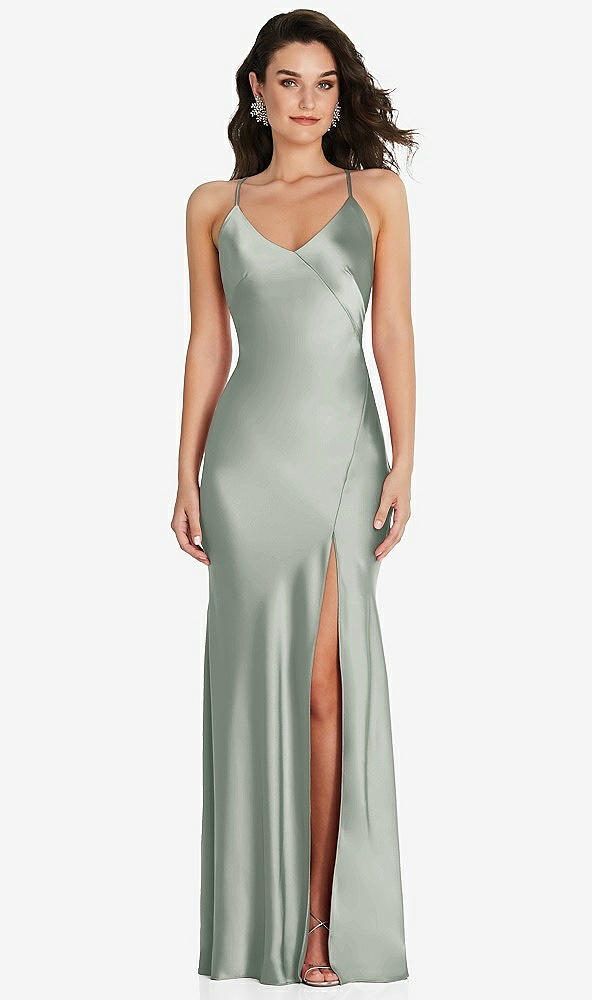 Front View - Willow Green V-Neck Convertible Strap Bias Slip Dress with Front Slit
