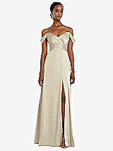 Alt View 1 Thumbnail - Champagne Off-the-Shoulder Flounce Sleeve Empire Waist Gown with Front Slit