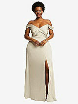 Front View Thumbnail - Champagne Off-the-Shoulder Flounce Sleeve Empire Waist Gown with Front Slit