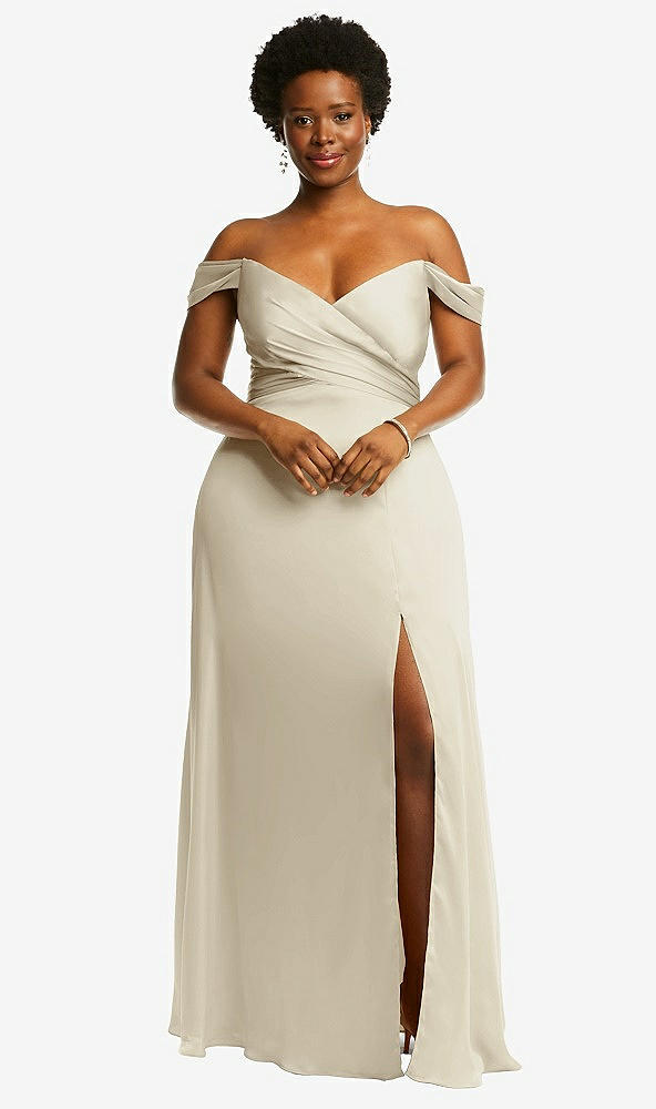 Front View - Champagne Off-the-Shoulder Flounce Sleeve Empire Waist Gown with Front Slit