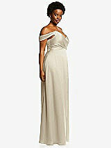 Side View Thumbnail - Champagne Off-the-Shoulder Flounce Sleeve Empire Waist Gown with Front Slit