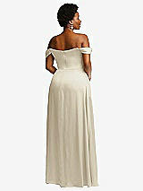 Rear View Thumbnail - Champagne Off-the-Shoulder Flounce Sleeve Empire Waist Gown with Front Slit