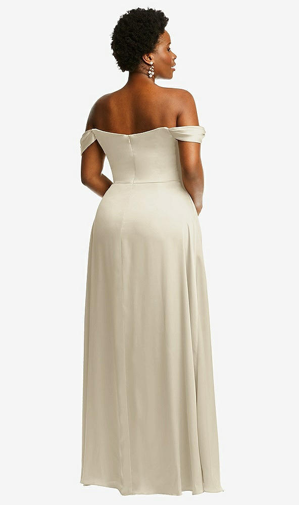 Back View - Champagne Off-the-Shoulder Flounce Sleeve Empire Waist Gown with Front Slit