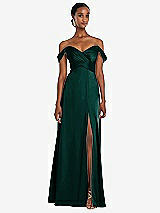 Alt View 1 Thumbnail - Evergreen Off-the-Shoulder Flounce Sleeve Empire Waist Gown with Front Slit