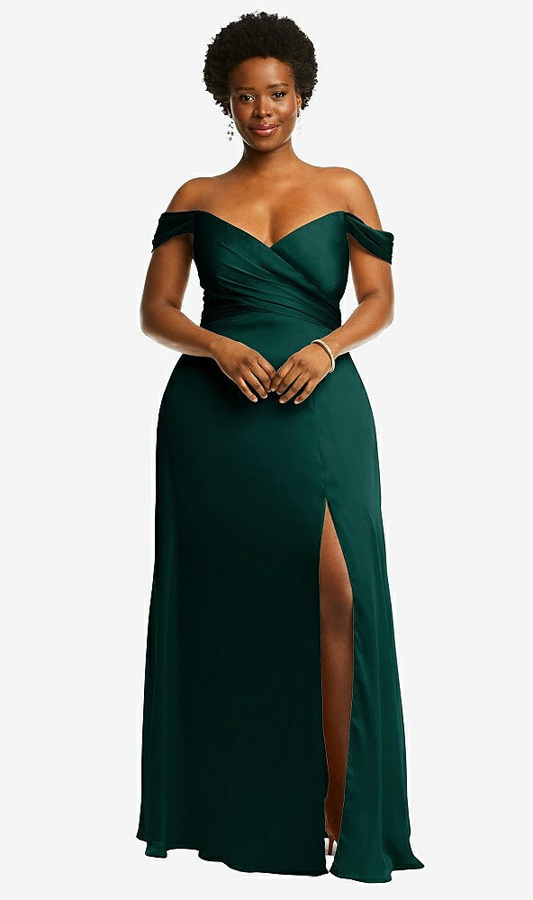 Front View - Evergreen Off-the-Shoulder Flounce Sleeve Empire Waist Gown with Front Slit