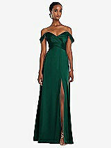 Alt View 1 Thumbnail - Hunter Green Off-the-Shoulder Flounce Sleeve Empire Waist Gown with Front Slit