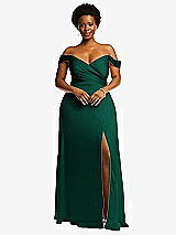 Front View Thumbnail - Hunter Green Off-the-Shoulder Flounce Sleeve Empire Waist Gown with Front Slit