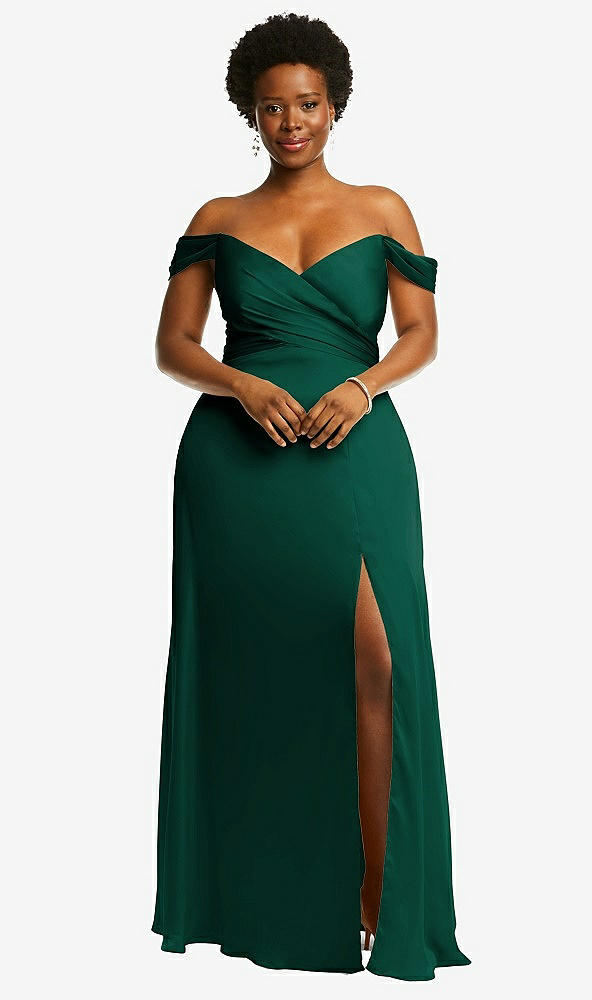 Front View - Hunter Green Off-the-Shoulder Flounce Sleeve Empire Waist Gown with Front Slit