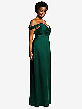 Side View Thumbnail - Hunter Green Off-the-Shoulder Flounce Sleeve Empire Waist Gown with Front Slit