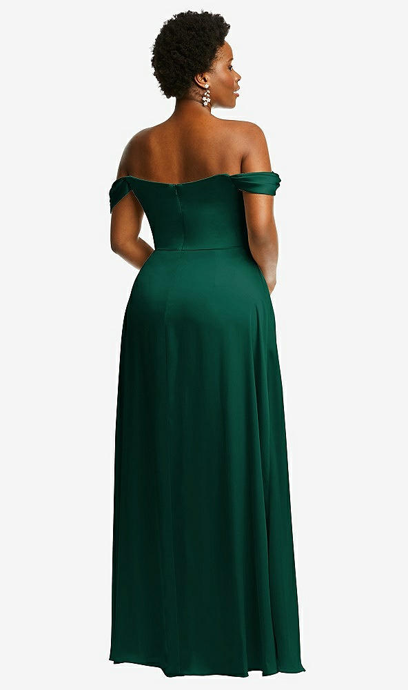 Back View - Hunter Green Off-the-Shoulder Flounce Sleeve Empire Waist Gown with Front Slit