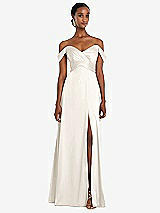 Alt View 1 Thumbnail - Ivory Off-the-Shoulder Flounce Sleeve Empire Waist Gown with Front Slit