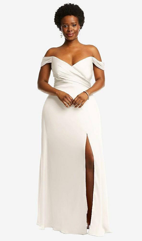 Front View - Ivory Off-the-Shoulder Flounce Sleeve Empire Waist Gown with Front Slit