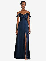 Alt View 1 Thumbnail - Midnight Navy Off-the-Shoulder Flounce Sleeve Empire Waist Gown with Front Slit